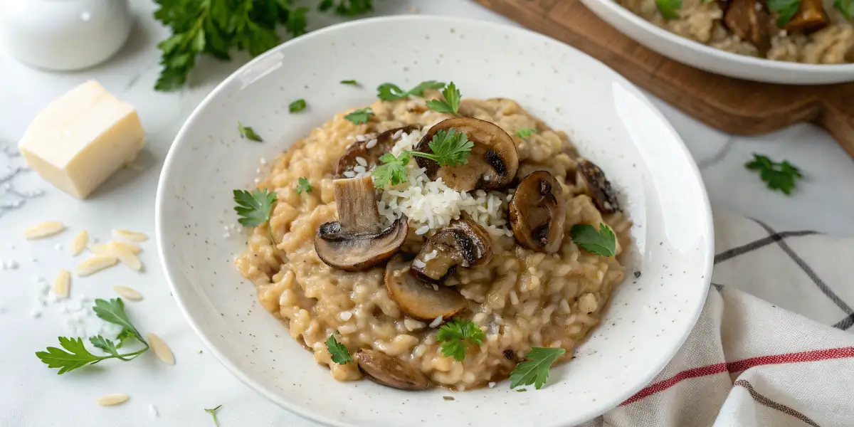 Creamy Italian mushroom risotto with Parmesan and parsley.