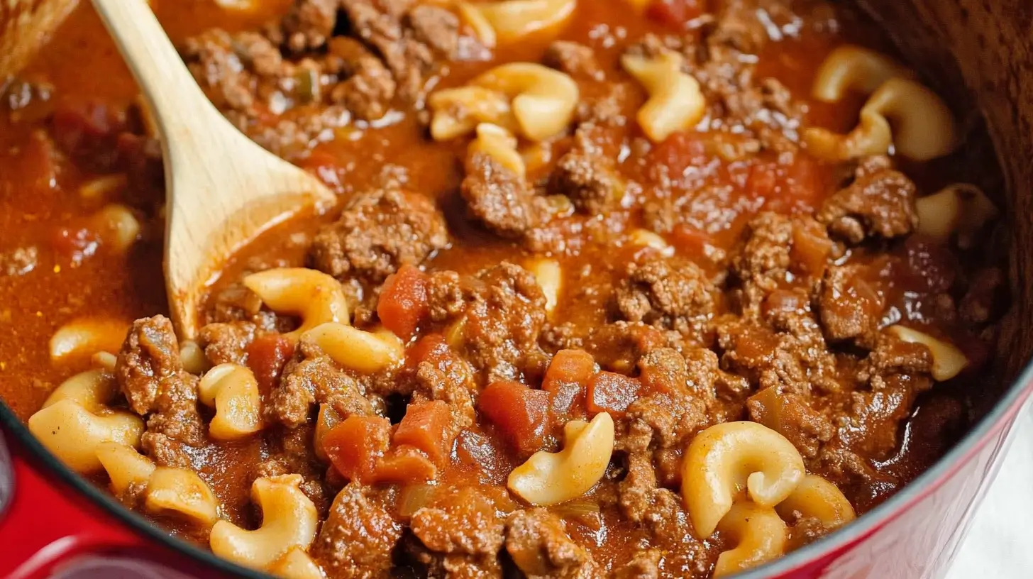 A close-up of old-fashioned goulash with ground beef, macaroni pasta, and tomatoes in a pot.