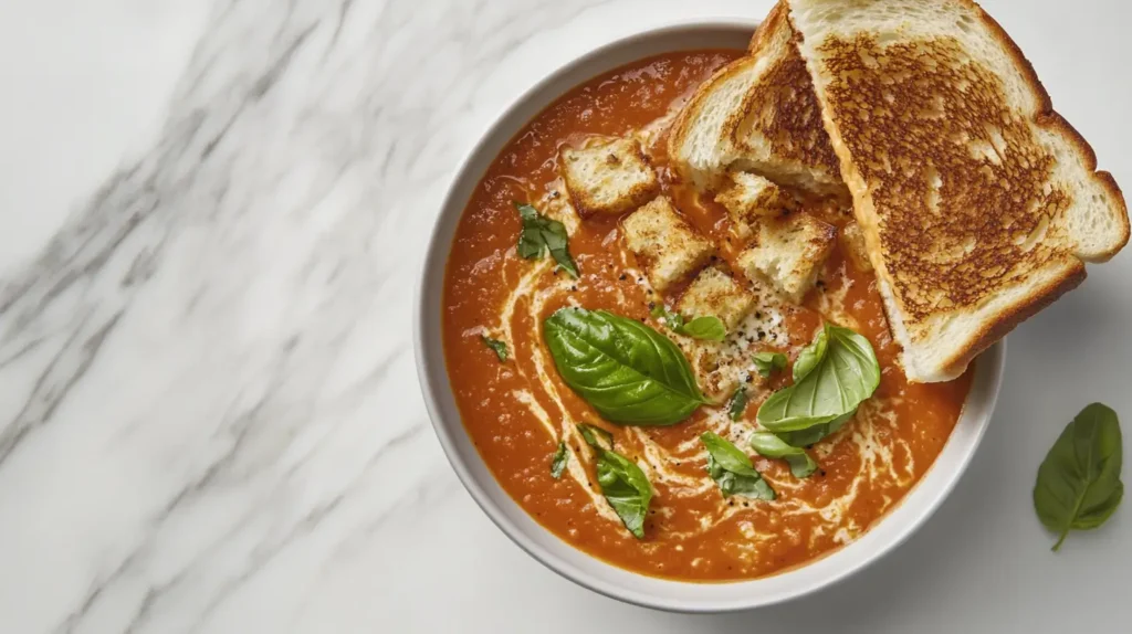 A bowl of creamy tomato soup with croutons and grilled cheese on the side.