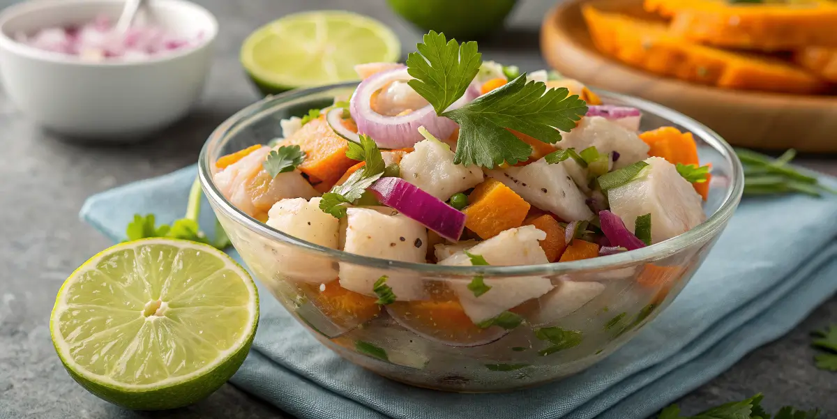 A bowl of Peruvian ceviche with fresh fish, lime, red onion, sweet potato, and cilantro.