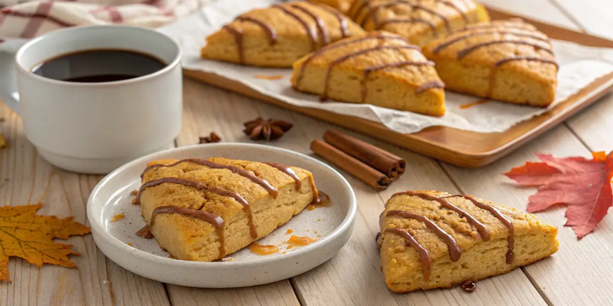 Pumpkin scones drizzled with caramel, served with coffee.