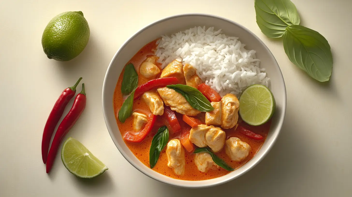 Red curry with chicken, bell peppers, and Thai basil served with jasmine rice, lime wedges, and fresh chilies.