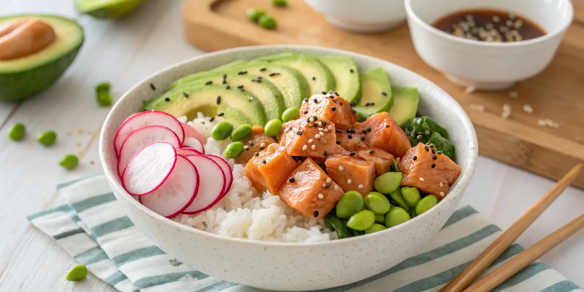 Salmon Poke Bowl with avocado, radishes, edamame, and sesame seeds on a bed of rice