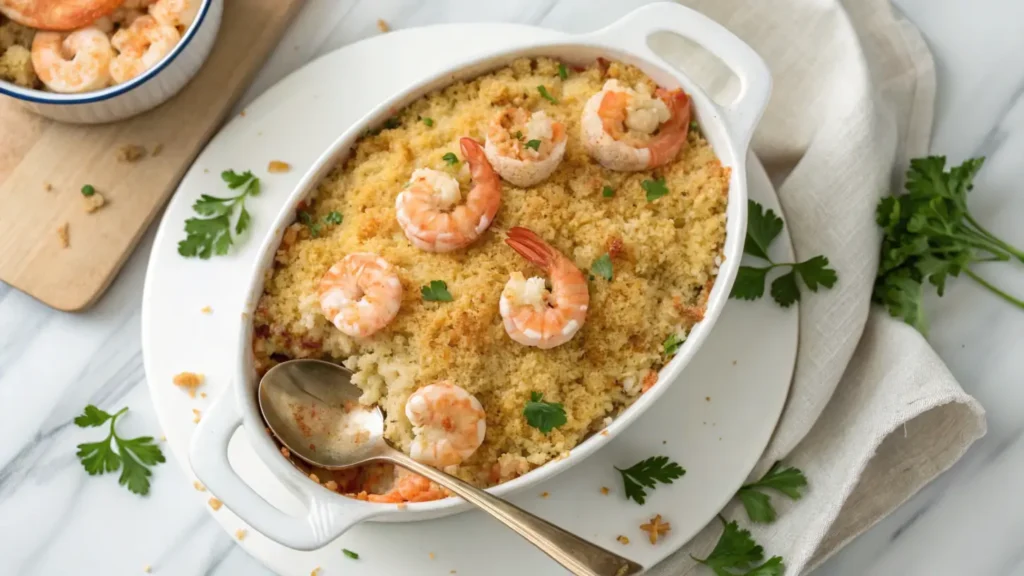 Shrimp and crab casserole topped with breadcrumbs and garnished with parsley.