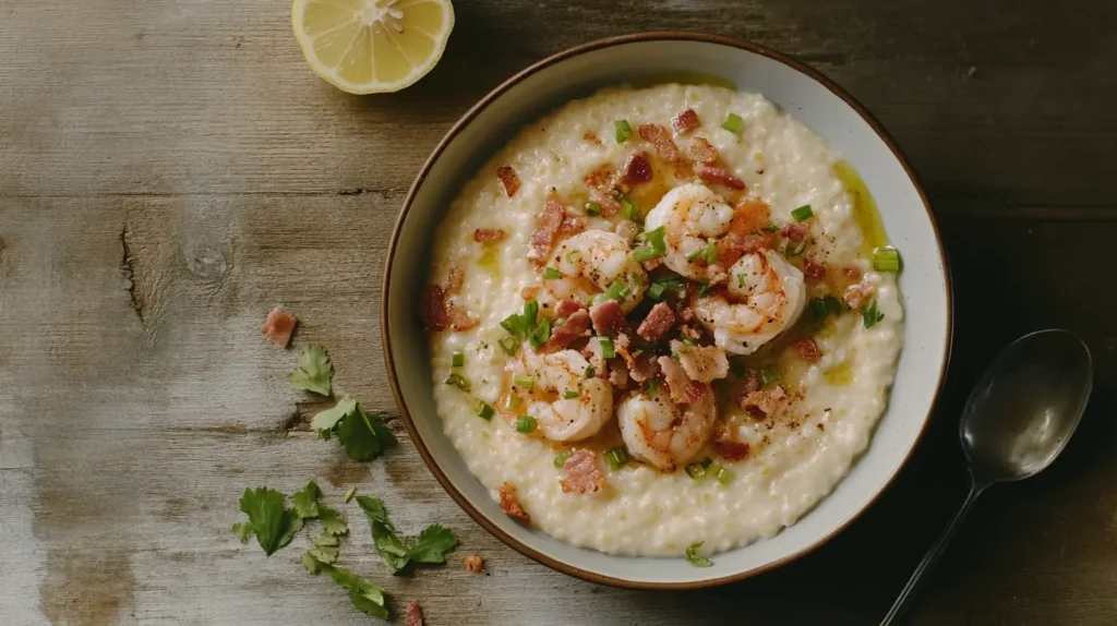 Shrimp and grits topped with shrimp, bacon, and green onions in a bowl.