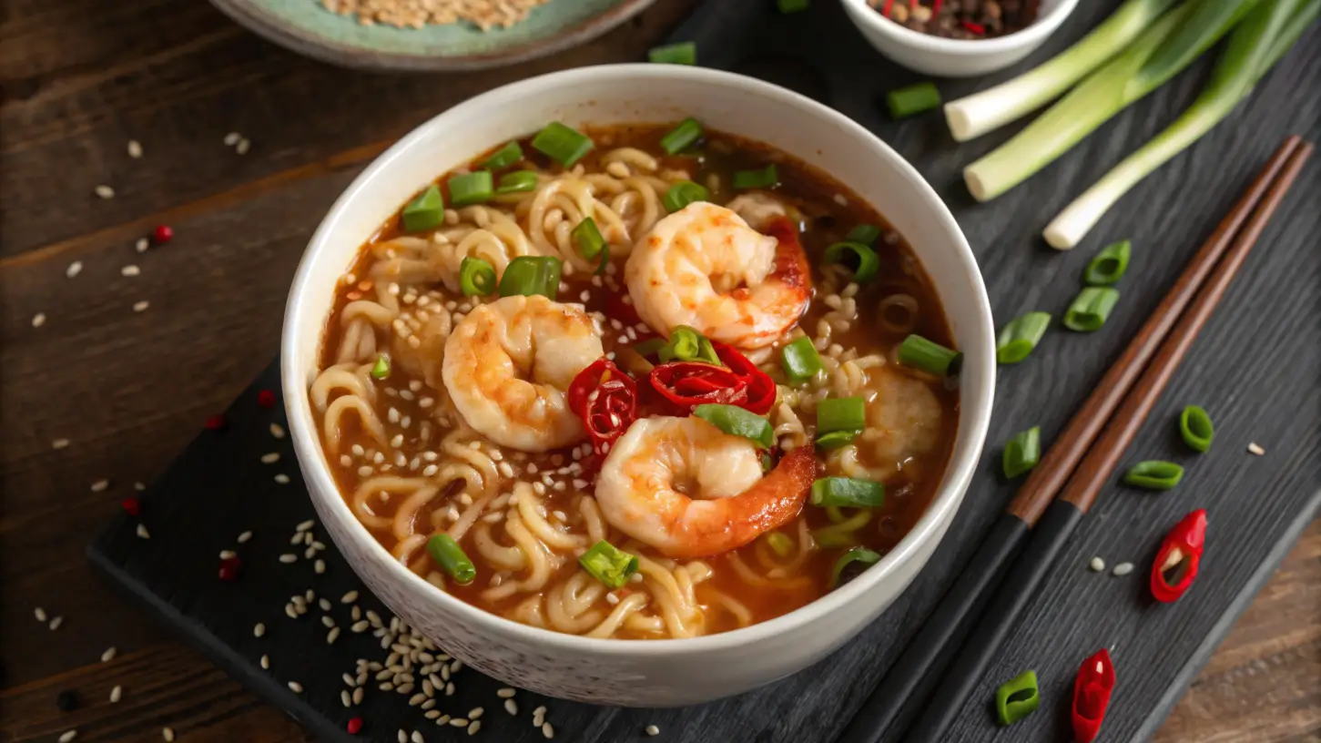 Shrimp ramen noodles with green onions and red chili peppers.