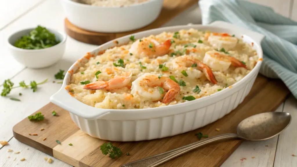 A delicious shrimp and rice casserole topped with fresh shrimp and garnished with parsley.