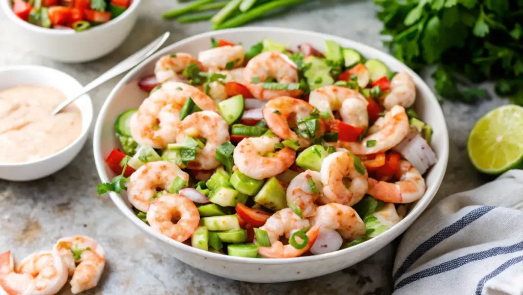 Shrimp ceviche with cucumbers, red peppers, and cilantro in a white bowl.