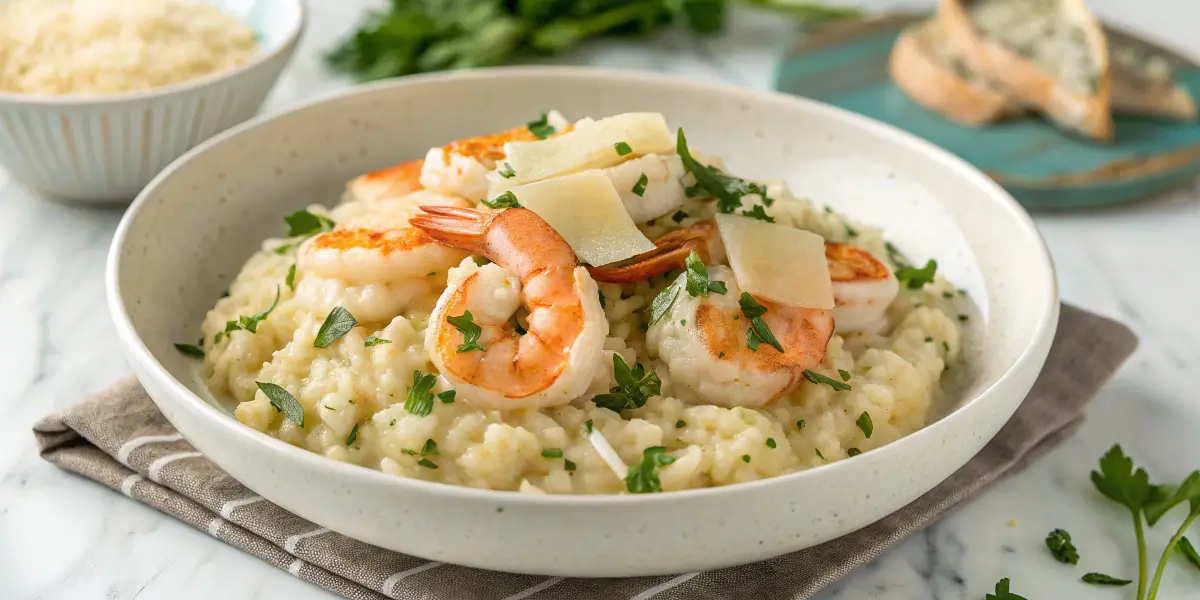 Shrimp risotto served with grilled shrimp, fresh parsley, and Parmesan.