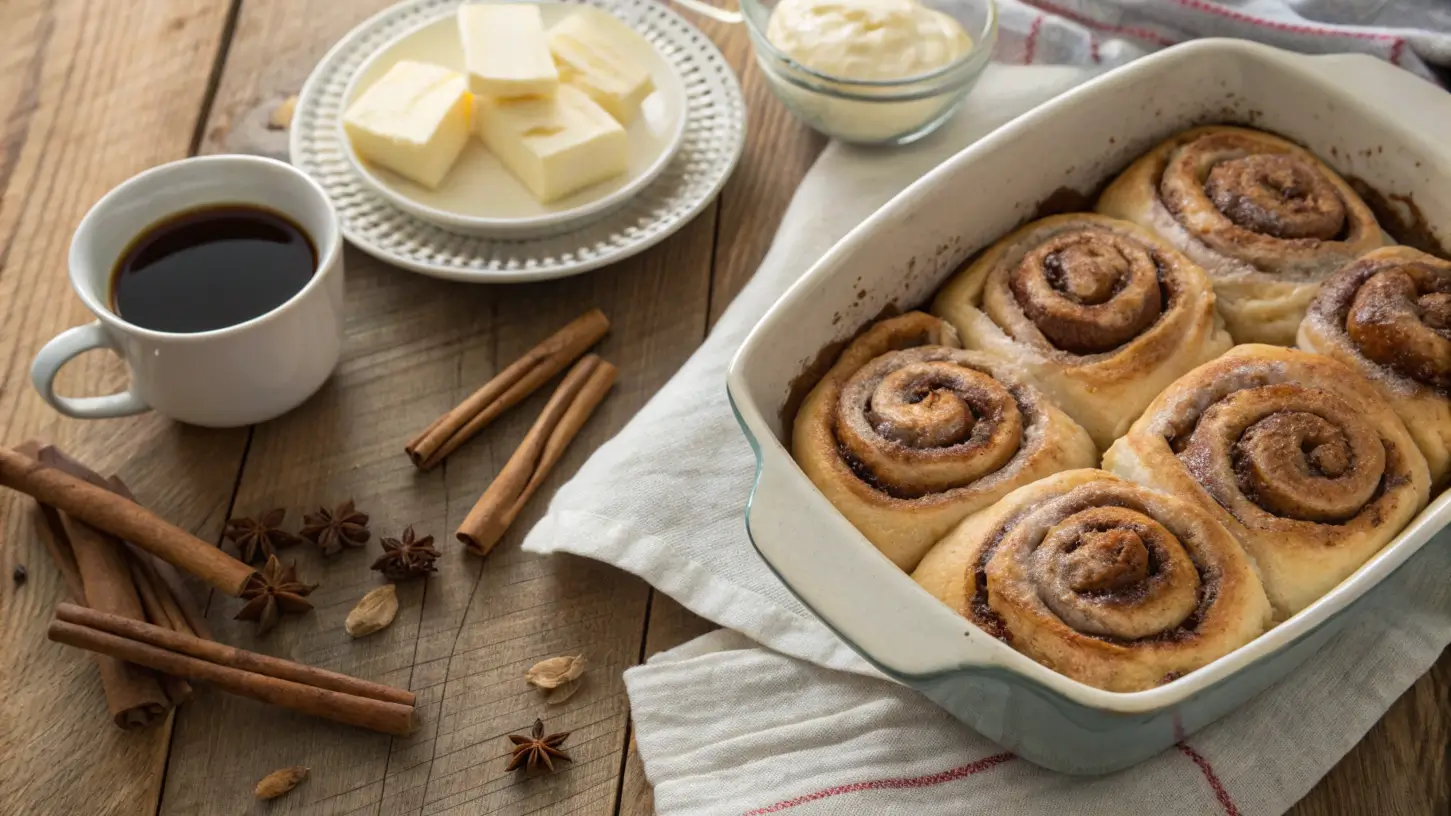 A fresh batch of cinnamon rolls with a cup of coffee and butter on the side.