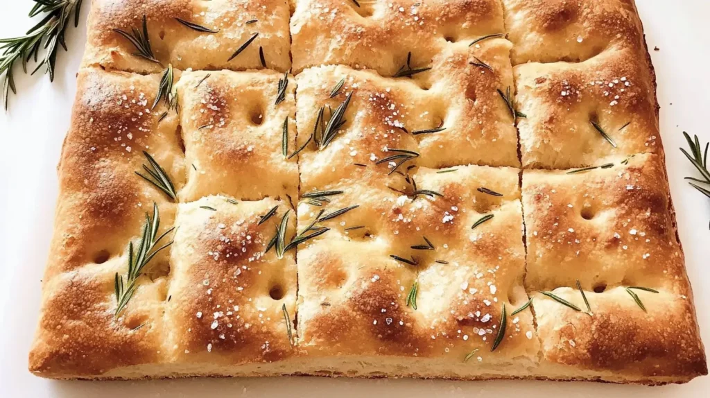 Freshly baked sourdough focaccia with rosemary and sea salt, cut into squares.