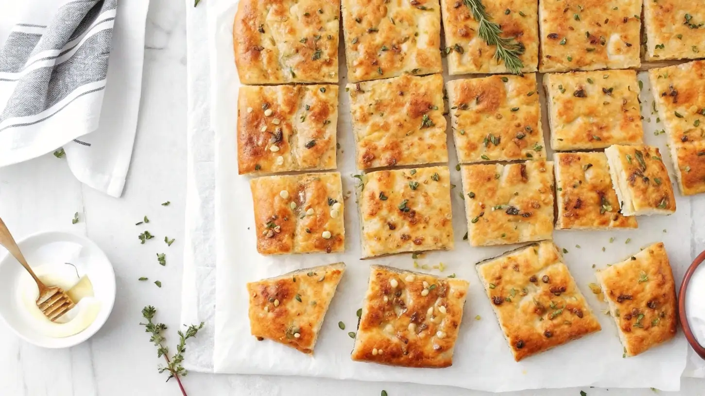 Squares of freshly baked sourdough focaccia with rosemary and thyme.