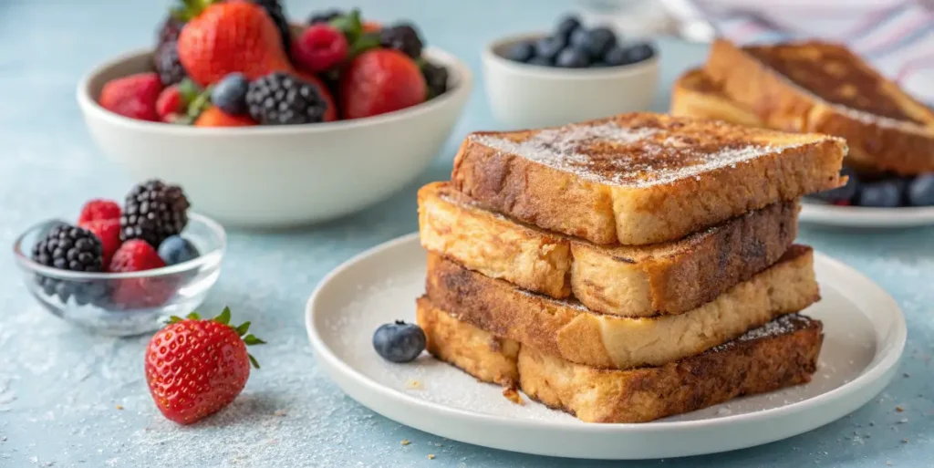 Stacks of golden cinnamon French toast with fresh berries.