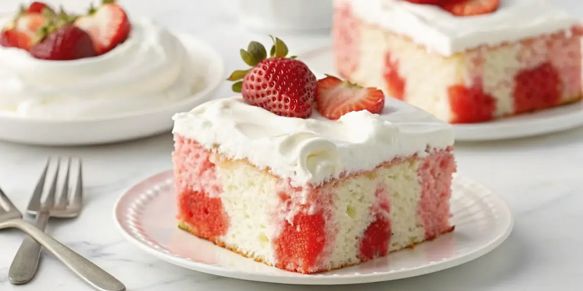 A slice of strawberry poke cake with whipped cream and fresh strawberries on top.