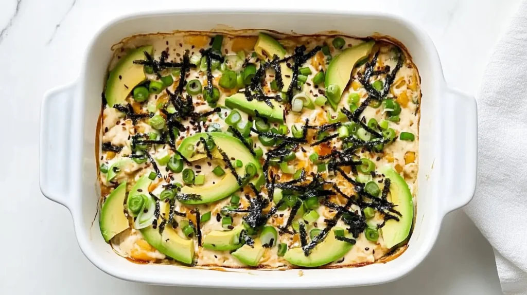 A freshly baked sushi salmon casserole topped with avocado slices, green onions, and nori strips.