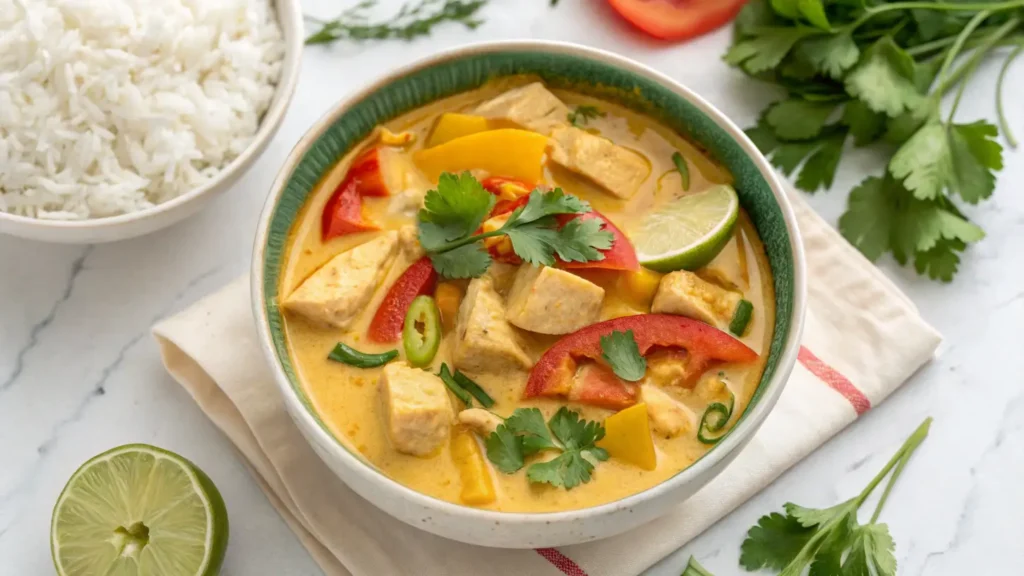 Thai chicken curry with colorful bell peppers, served with jasmine rice and lime.