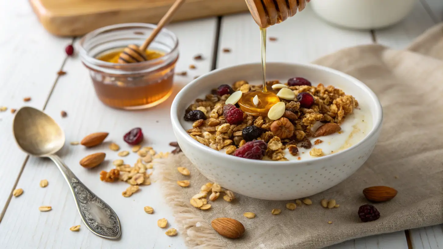 A bowl of yogurt topped with granola, dried fruit, and honey drizzle.