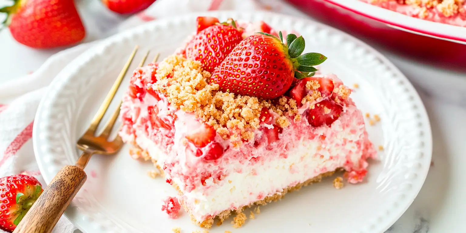 A slice of strawberry crunch cake with fresh strawberries and crumbled topping on a plate, with a fork beside it.