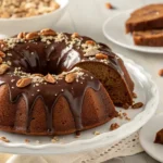 German chocolate pecan pound cake with a glossy chocolate glaze and chopped pecans.