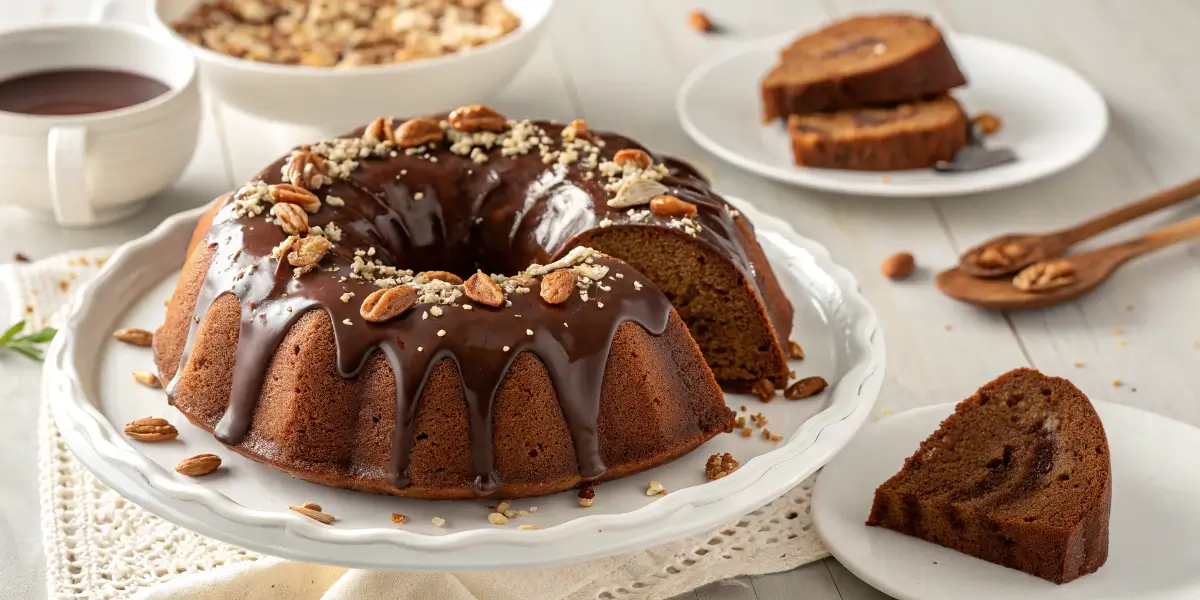 German chocolate pecan pound cake with a glossy chocolate glaze and chopped pecans.