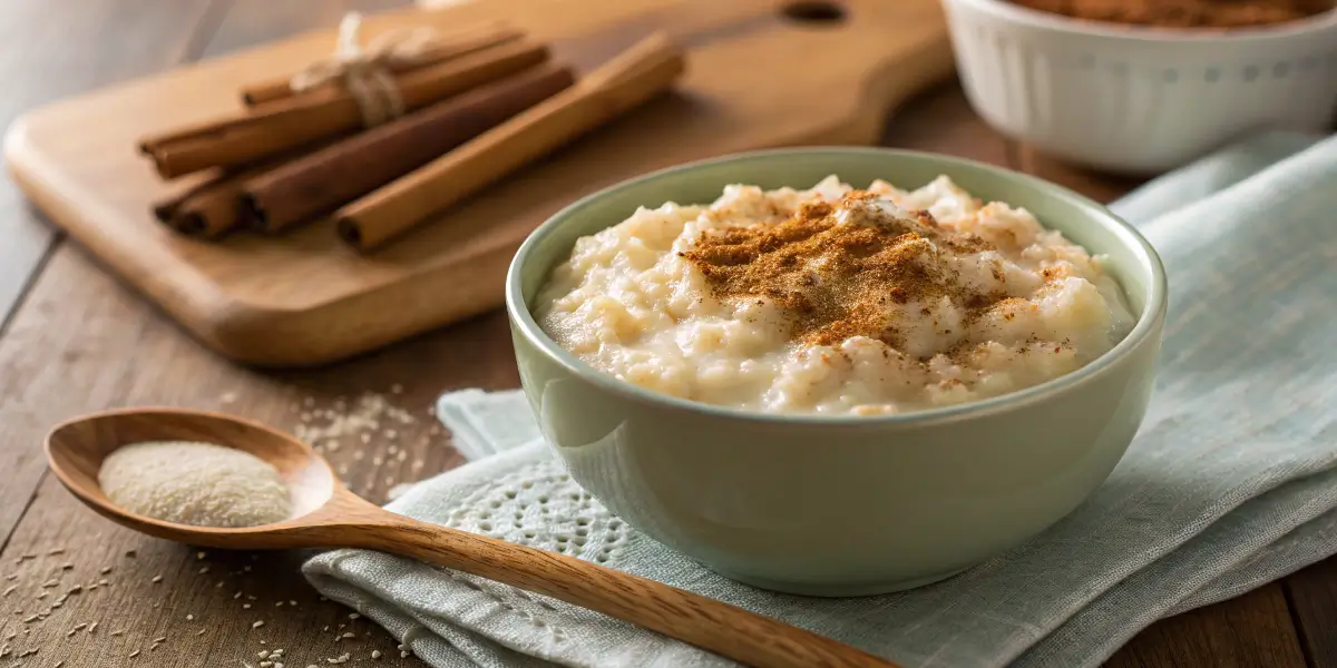 A bowl of creamy rice pudding sprinkled with cinnamon.