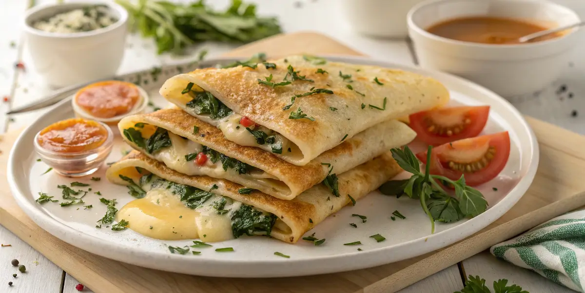 Savory crepes filled with cheese and spinach, served with tomato slices and dipping sauces.