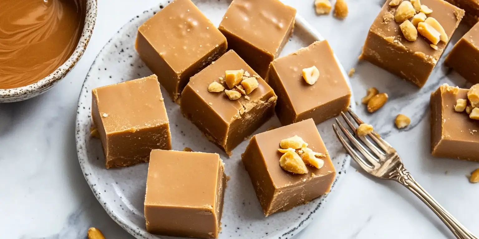 Peanut butter fudge squares topped with crushed peanuts, served on a plate with a fork.